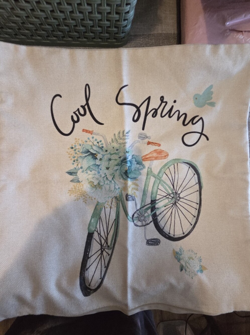 Cozy Spring Decorative Pillow Cover with Bicycle and Floral Print